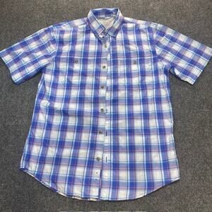GH Bass Button Down Short Sleeve Shirt Blue White Plaid Pockets Fish Mens Medium